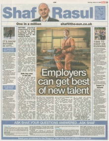 A full-page newspaper scan featuring Shaf Rasul’s column on the value of modern apprenticeships in Scotland, plus stories on the Great Women’s Run, a snow-skier commuter, and declining bus passenger numbers.