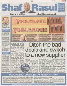 A newspaper scan featuring Shaf Rasul’s column titled “Ditch The Bad Deals & Switch to A New Supplier,” discussing energy prices, fuel poverty, and the Toblerone controversy.