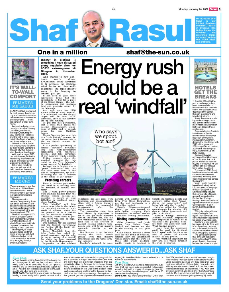 Newspaper column layout featuring offshore wind industry commentary, a side piece on hotel investment, a humorous segment on Glasgow-themed wallpaper, and concerns about small business late payments.