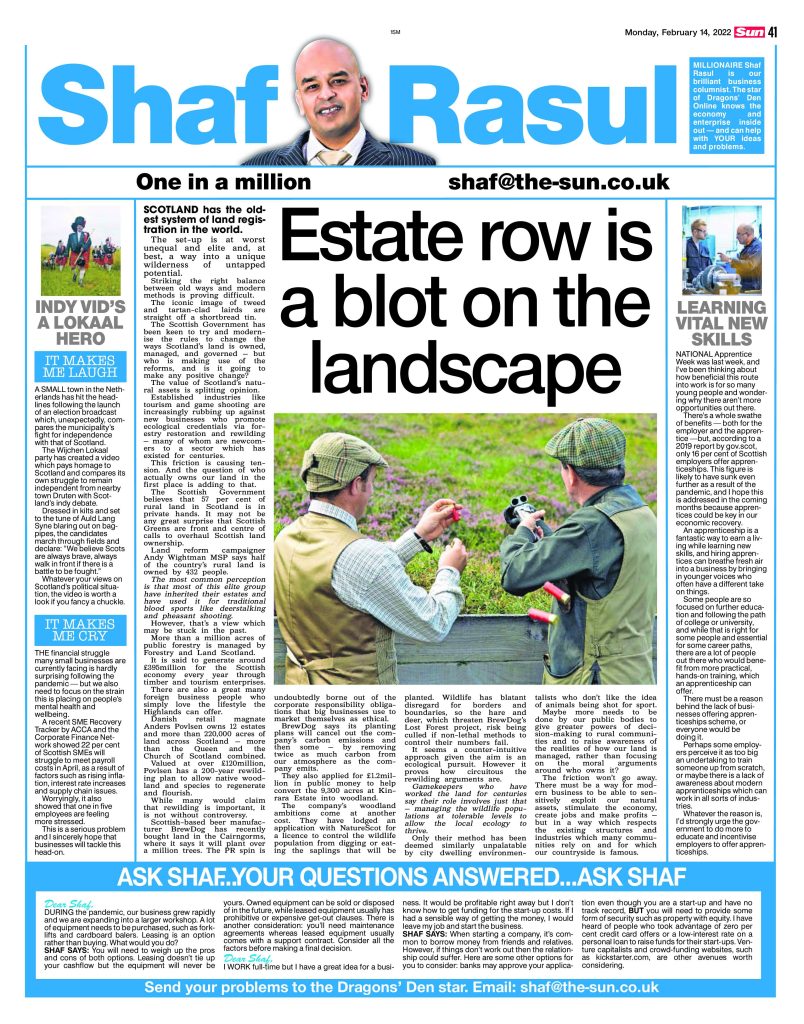 Full-page newspaper column discussing land ownership disputes in Scotland, apprenticeships for youth, German political parody of Scottish independence, and mental health struggles in SMEs.