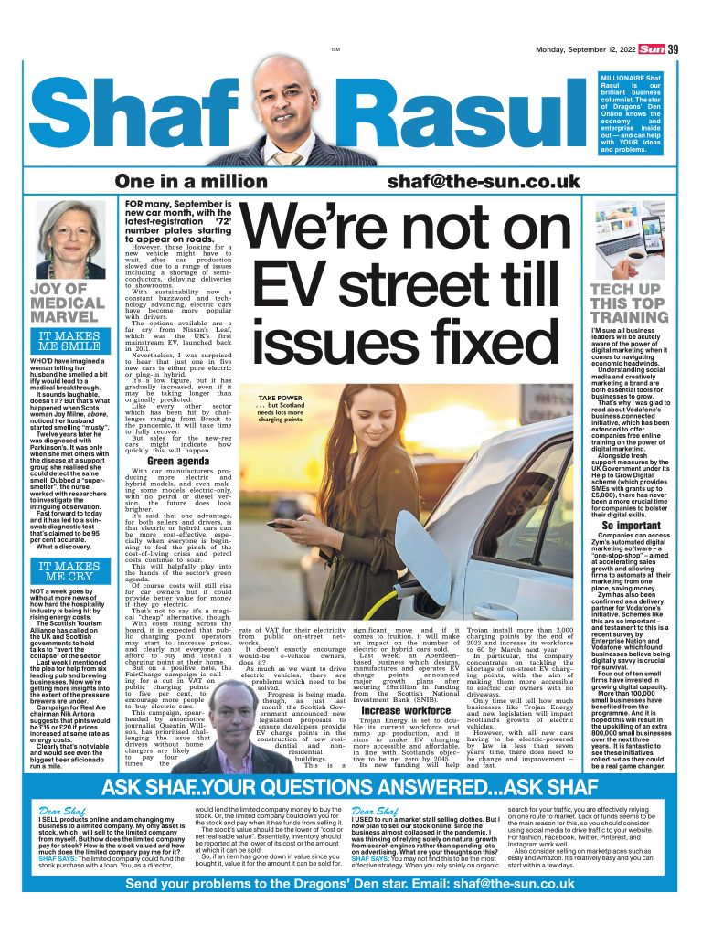 Newspaper scan of Shaf Rasul’s full business column from The Scottish Sun, dated 12 September 2022.