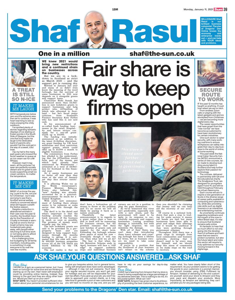 Newspaper column page discussing business support measures during Scotland's 2021 lockdown, a sidebar on tech and cybersecurity education, and commentary on winter ice cream antics and pet welfare concerns.