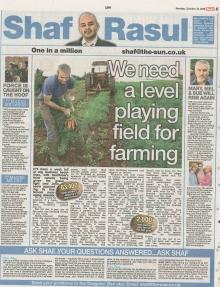 A newspaper scan featuring Shaf Rasul’s column titled “We Need a Level Playing Field for Farming,” addressing Scotland’s declining agricultural workforce, Brexit’s impact, and the role of subsidies in farming.