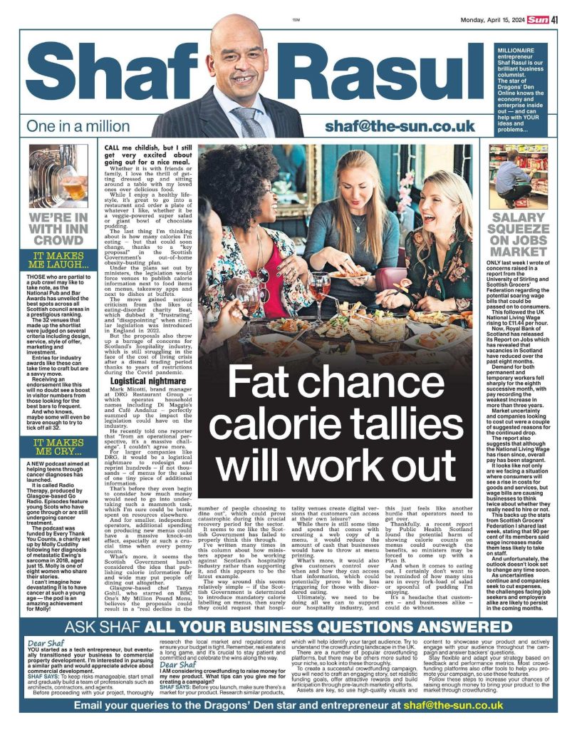 Full-page newspaper column layout with main article, sidebar on job vacancies, a humorous segment about pub awards, and a heartfelt piece on a cancer support podcast for teens.