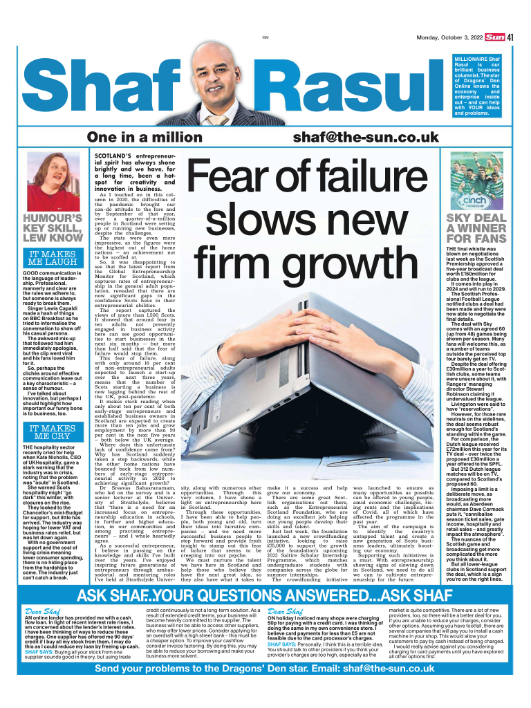 Full-page scan layout of Shaf Rasul’s column with main article on entrepreneurship fears, a SPFL TV rights side story, a humorous Lewis Capaldi slip-up, and a weeping reflection on hospitality industry crisis.