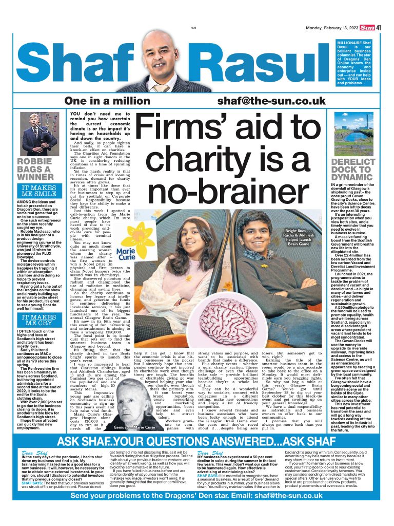 A full-page newspaper layout including commentary on business-led charity work, Govan dock regeneration, Dragons’ Den innovation, and retail closures.