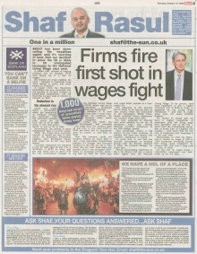 A newspaper scan featuring Shaf Rasul’s column titled “Firms Fire First Shot in Wages Fight,” analysing the impact of Brexit on National Living Wage projections and exploring issues like the living wage, Scottish tourism, and consumer disputes.