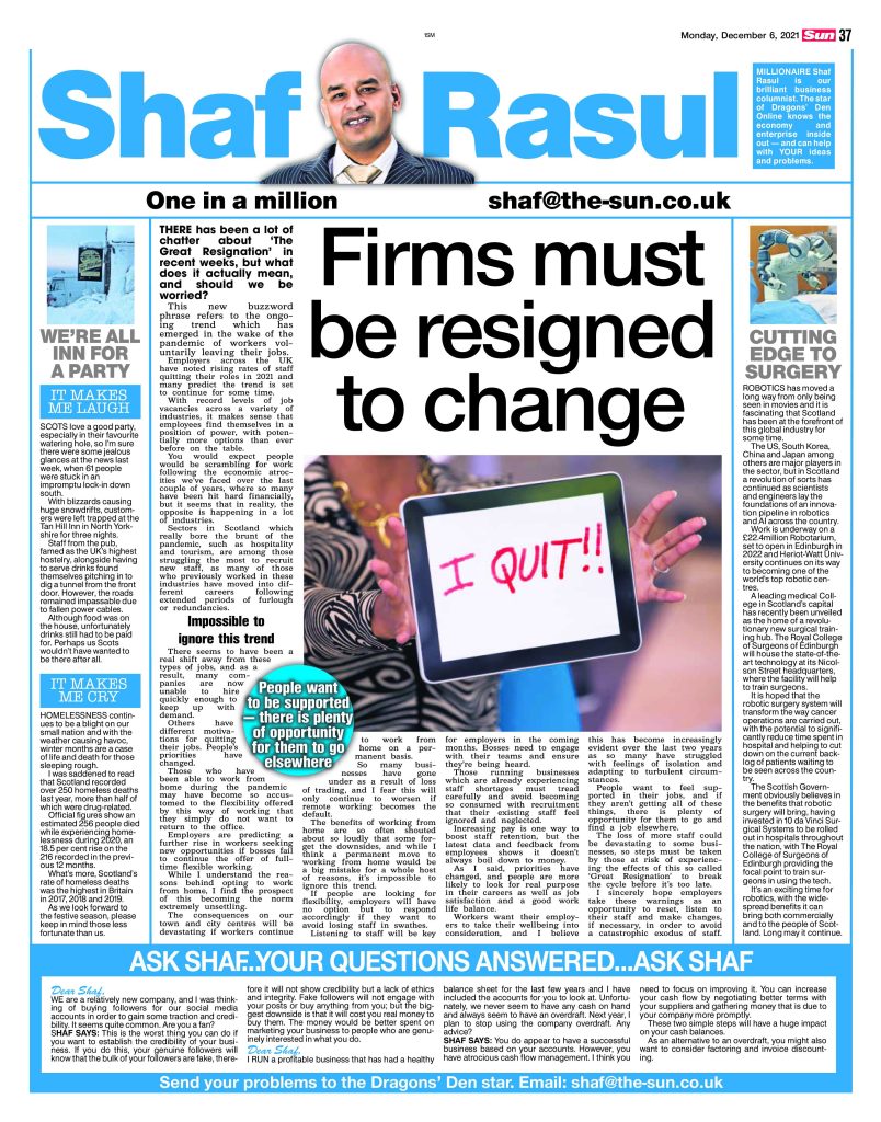 Full newspaper column showing a headline on staffing issues, with sections on AI surgery, homelessness, and a snowed-in pub.