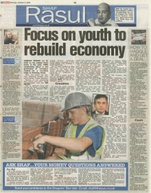 Scan of a newspaper column layout featuring Shaf Rasul’s article on youth unemployment, with sidebar, photographs, and supporting text.