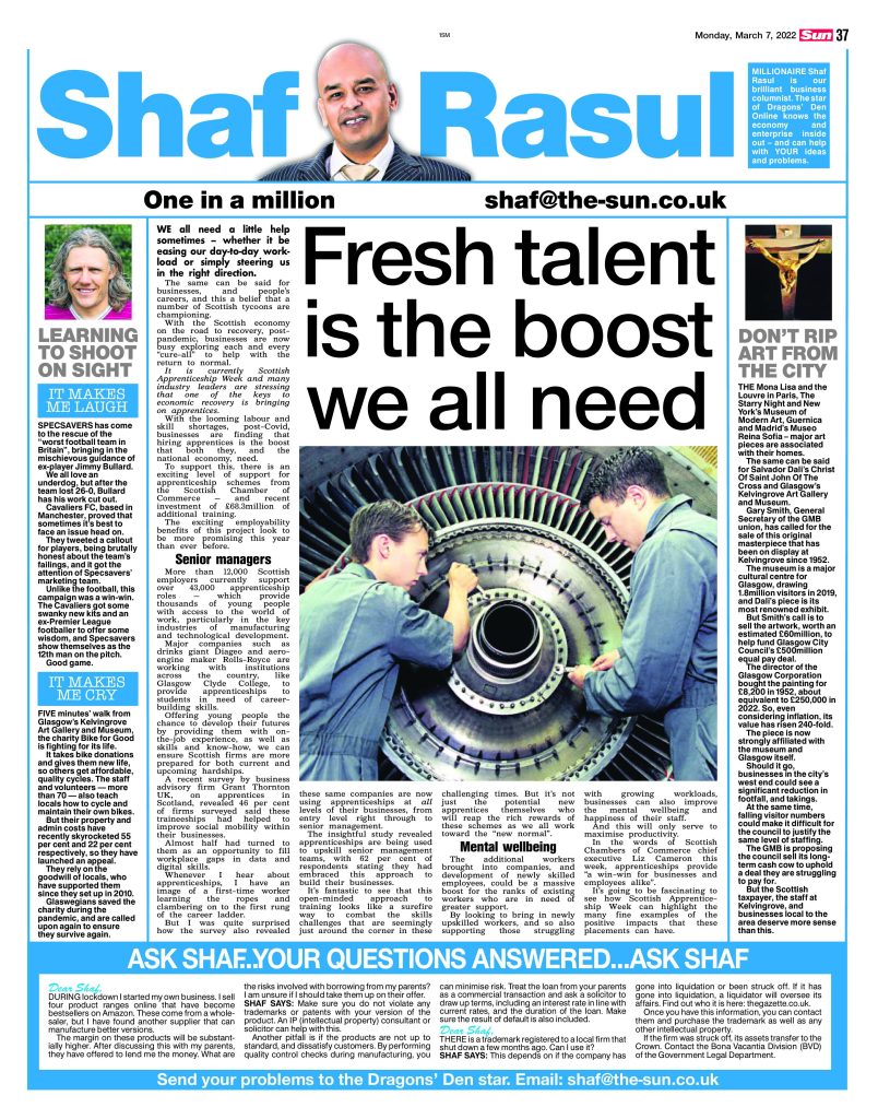 Full-page newspaper scan of Shaf Rasul’s Scottish Sun column focusing on apprenticeships, Glasgow’s Dali painting debate, Specsavers’ football sponsorship, and a cycling charity appeal.