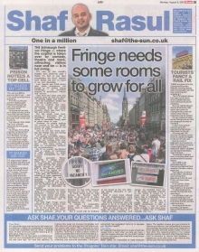 A newspaper column layout with sections on the Edinburgh Festival Fringe, Cairngorm Mountain Railway, a capsule hotel in Edinburgh, and issues with the Caledonian Sleeper.