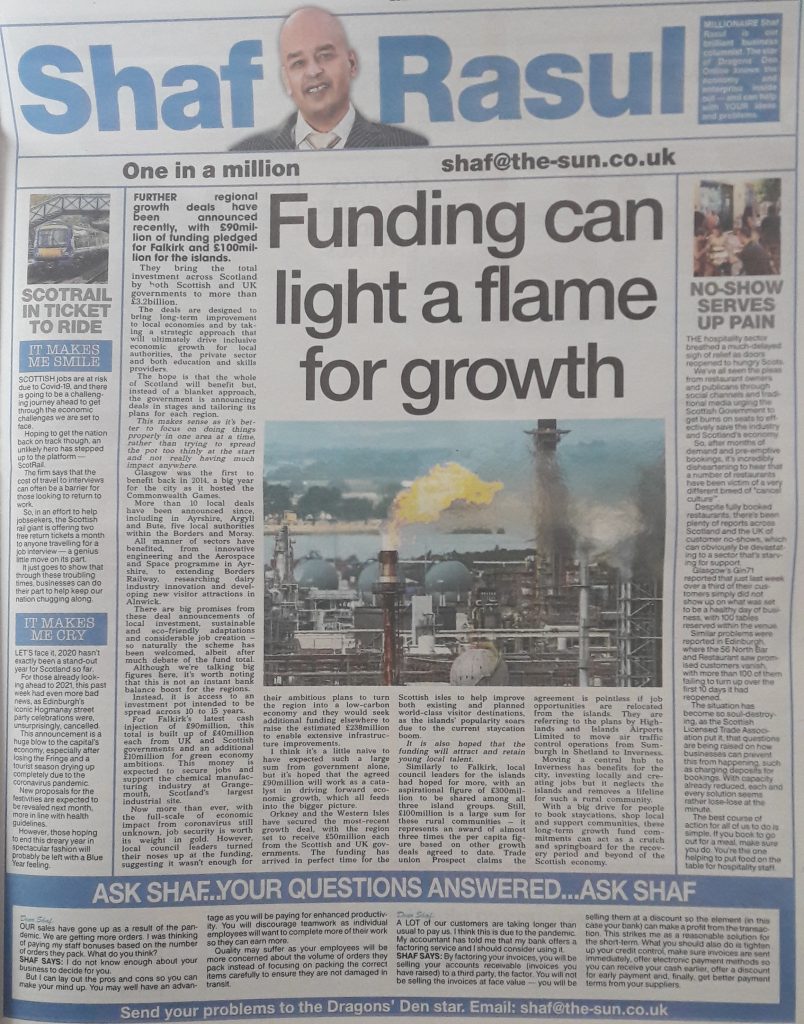 Newspaper page with Shaf Rasul’s column about Scottish growth deals and support for local hospitality and culture sectors