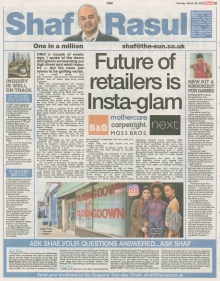 A full-page newspaper scan featuring Shaf Rasul’s column on the challenges facing high street retailers and the role of social media in driving new shopping trends.
