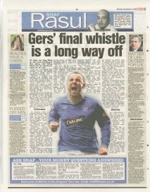 Scan of a newspaper column layout featuring Shaf Rasul’s article on Rangers FC, Lloyds’ involvement, and the club’s financial future, with sidebar, photographs, and supporting text.