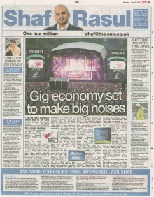 A newspaper page featuring Shaf Rasul’s column discussing Scotland’s evolving music festivals, economic growth figures, Andy Murray’s Wimbledon exit, and a humorous look at Southern Rail’s Twitter takeover.