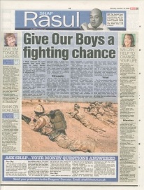 Scan of a newspaper column layout featuring Shaf Rasul’s article on ex-servicemen, their struggles, and support initiatives, with sidebar, photographs, and supporting text.