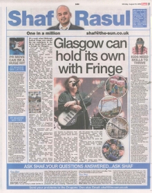 A newspaper column layout featuring the headline “Glasgow can hold its own with Fringe,” accompanied by a main article on Glasgow’s cultural scene, a sidebar on youth employment, a humor section about guitar lessons, and a serious piece on Scotland’s life expectancy.