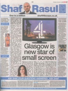Scan of Shaf Rasul’s Scottish Sun column on Glasgow’s small screen rise with Channel 4’s new hub, and side stories including gaming success, Halloween costumes, and spaceport concerns.