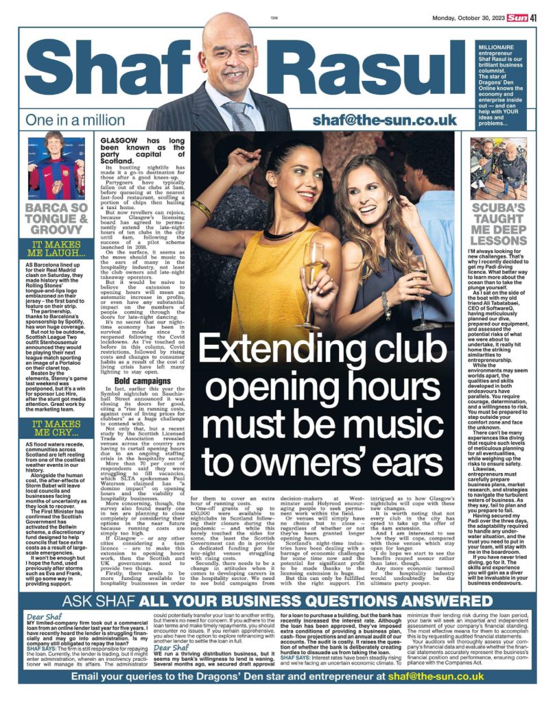 Newspaper column analysing extended opening hours for Glasgow nightclubs, scuba diving as entrepreneurial metaphor, El Clasico’s rock n’ roll twist, and the costly aftermath of Storm Babet.