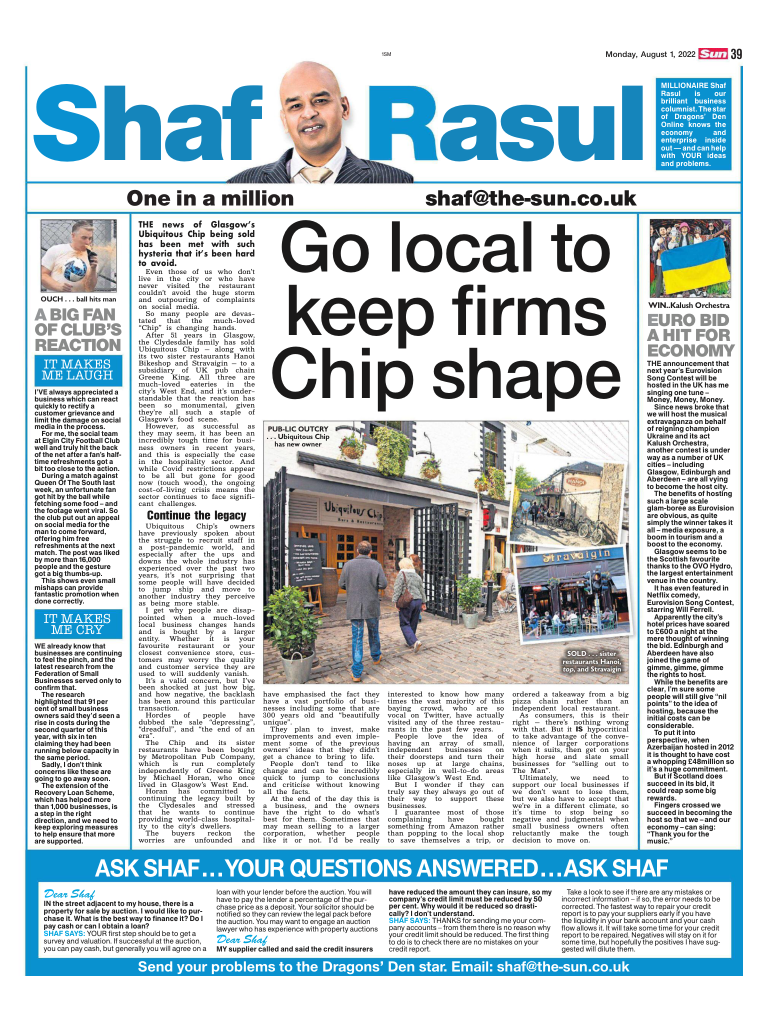 Newspaper column featuring discussion of Ubiquitous Chip’s sale, Eurovision host city bidding, a viral football snack incident, and small business pressures.