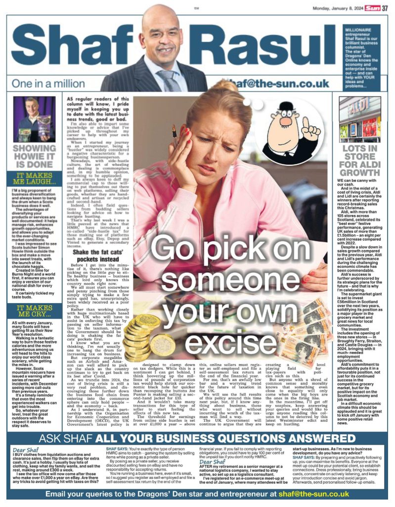 Newspaper layout showing Shaf Rasul’s commentary on new tax rules for online sellers, Aldi’s investment boost, a chocolate haggis launch, and mountain safety advice