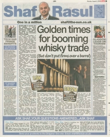 Scan of Shaf Rasul’s Scottish Sun column covering whisky tourism, distillery investments, and concerns about taxation.
