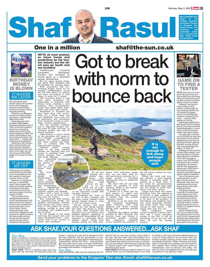 Full-page newspaper column exploring Scotland’s post-lockdown tourism trends, tech jobs in gaming, and funny and poignant reader stories.