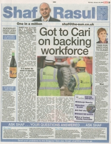 A full-page newspaper scan featuring Shaf Rasul’s column on Carillion’s collapse, plus stories on Brexit, fake news about Buckfast, and children’s screen time.