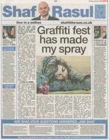 A newspaper page featuring the main column on the Nuart Festival’s arrival in Aberdeen, side notes on mental health awareness, a humorous anecdote about Ed Sheeran’s tattoo, and serious commentary on Diageo’s job cuts.