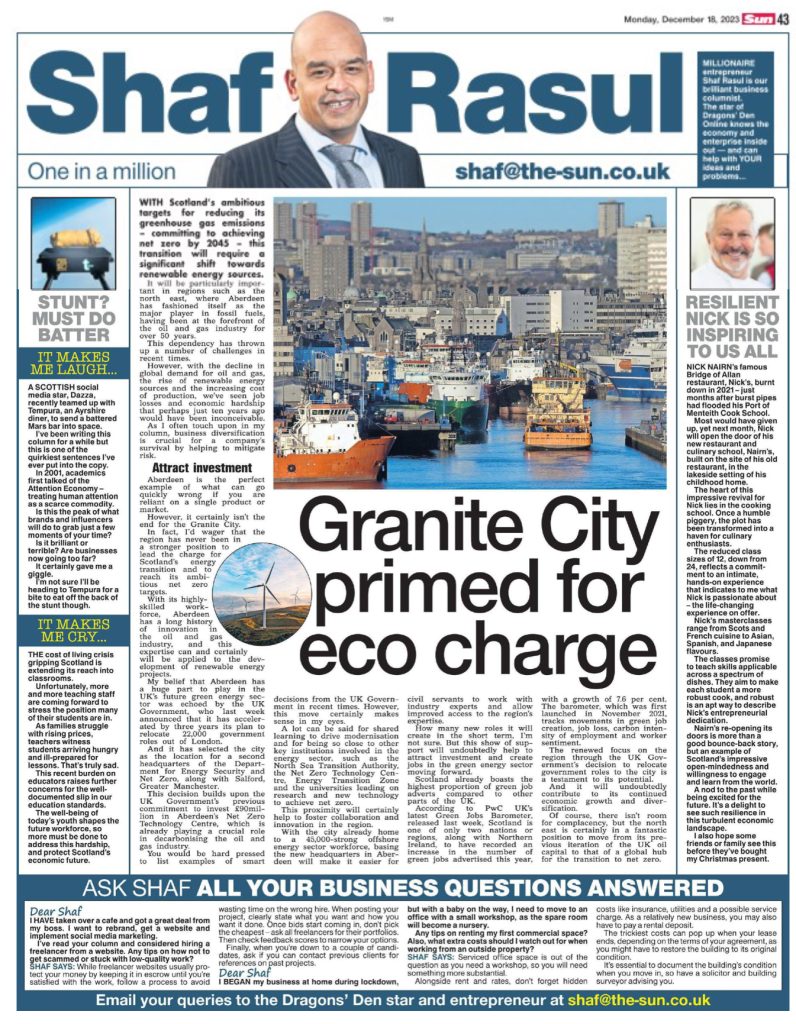 Newspaper layout featuring columns on Aberdeen’s green transition, Nick Nairn’s restaurant comeback, a cost-of-living crisis in schools, and a space-bound Mars bar