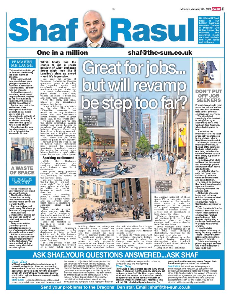 Full-page column on Glasgow’s Buchanan Galleries redevelopment, workplace etiquette, snack culture, and Scottish retail vacancy.