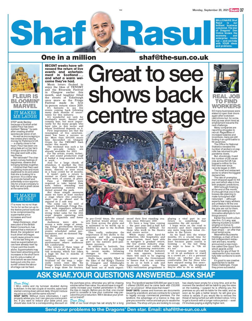 Full-page newspaper column layout featuring commentary on Scotland’s festival comeback, staff recruitment challenges, festive shortages, and bale art raising charity funds.