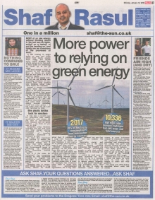 Scan of Shaf Rasul’s column on Scotland’s renewable energy progress.