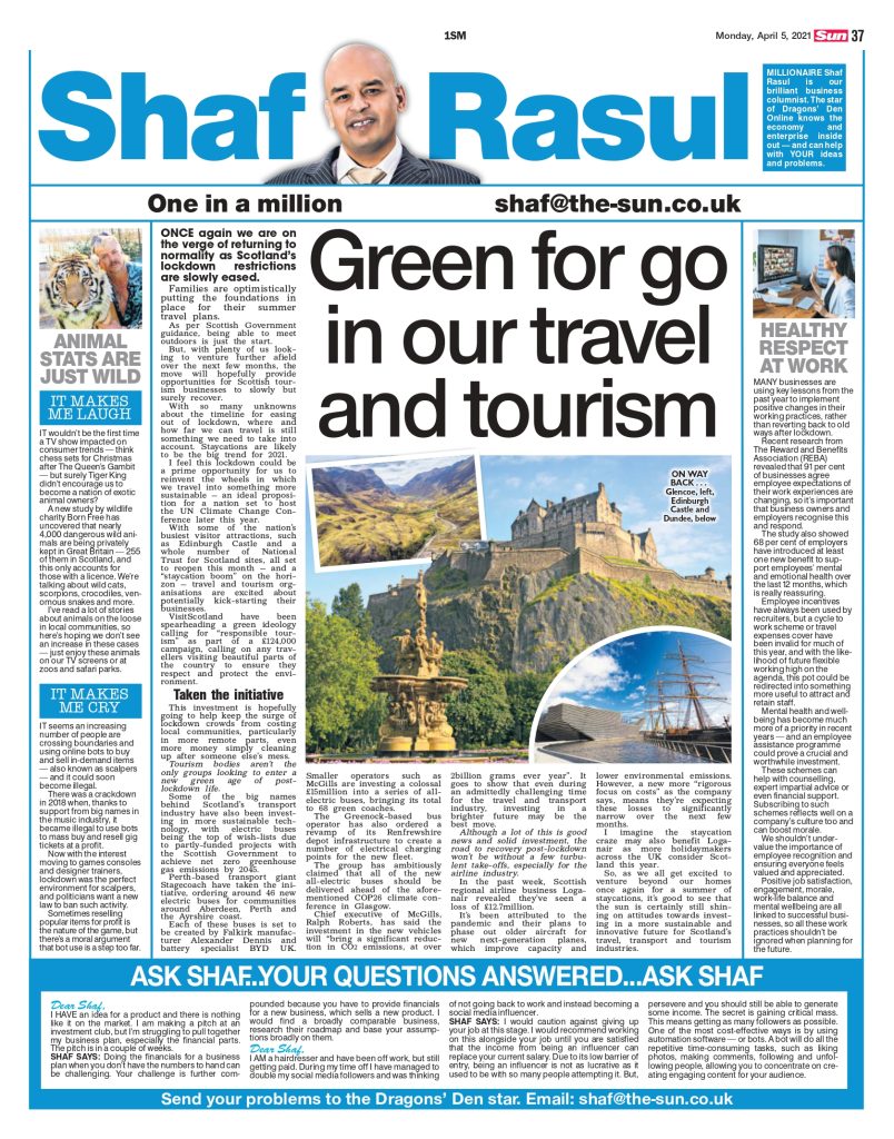 Full-page newspaper layout with lead article on green travel and tourism in Scotland post-lockdown, sidebar on mental health workplace benefits, and laugh/weep stories on exotic pet ownership and scalping