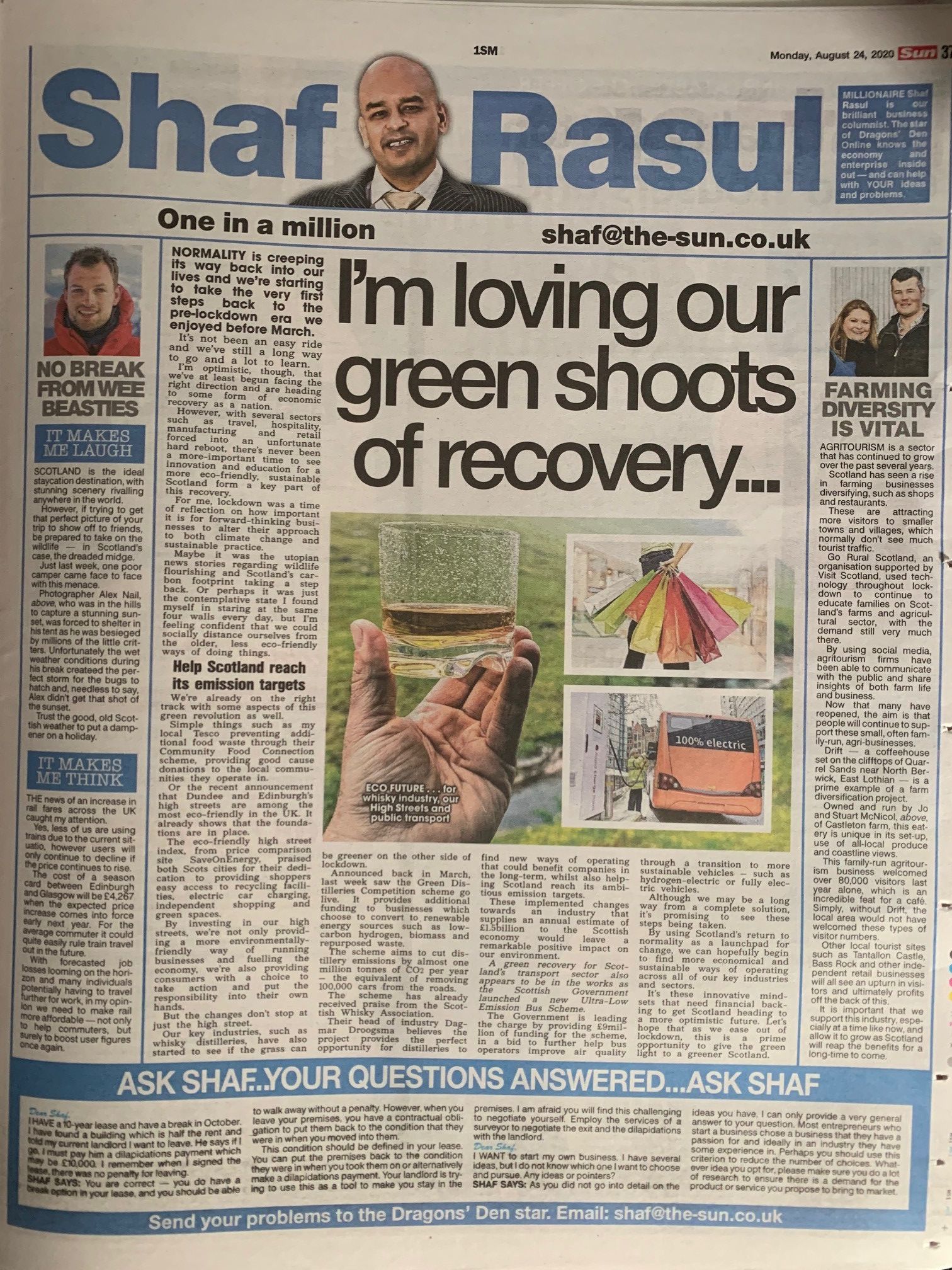 Newspaper scan of Shaf Rasul’s column on sustainability in Scotland’s economic recovery