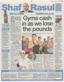 A newspaper page featuring the main column on gym memberships and healthy resolutions, side notes on Scotland’s tourism ranking, a laugh on Dry January beer, and a serious piece on the office cake culture debate.