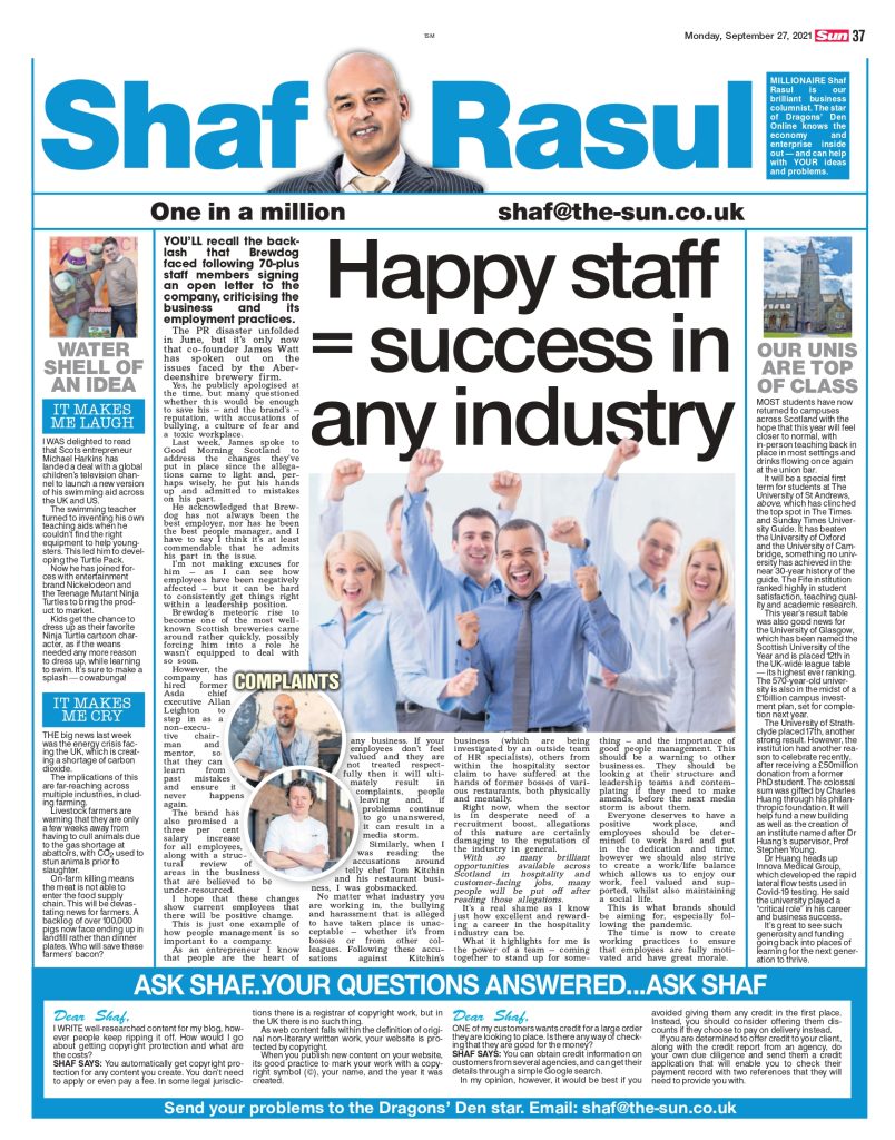 Full-page column layout featuring discussions on employee morale at Brewdog and Tom Kitchin’s restaurant, Scottish university rankings, a Turtle Pack deal with Nickelodeon, and the UK’s looming CO2 energy crisis.