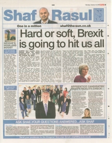 A newspaper scan featuring Shaf Rasul’s column titled “Hard or Soft, Brexit is Going to Hit Us All in Scotland,” discussing the potential job losses and economic consequences for Scotland from different Brexit outcomes.