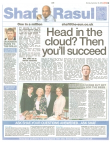 A newspaper scan featuring Shaf Rasul’s column titled “Head in the Cloud? Then You’ll Succeed,” discussing the rise of home-based businesses in Scotland and the role of cloud technology.