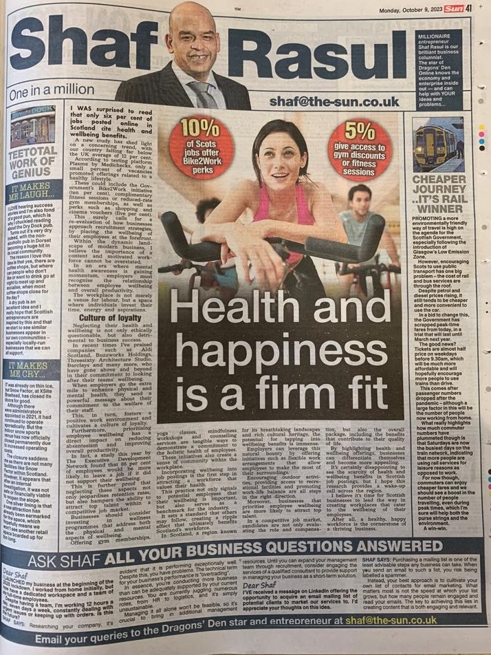 Full newspaper layout featuring a lead on Scotland’s lack of wellbeing job benefits, a sidebar on cheaper peak train fares, a quirky story about a dry pub, and the closure of a snow sports venue.