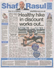 A newspaper column layout featuring the headline “Healthy hike in discount works out,” with sections on the gym boom in Scotland, tech sector investments, Toy Story’s impact on cake sales, and fast food chains phasing out plastic toys.