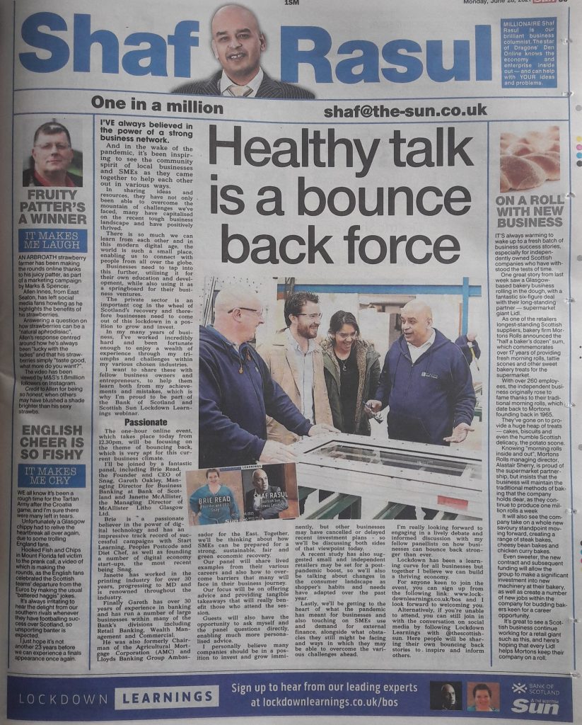 Newspaper layout with column lead on business recovery webinars, a sidebar story about Mortons Rolls’ Lidl deal, and humour and sports sentiment in Scotland.