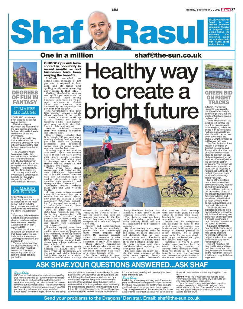 Full-page newspaper scan featuring a column on Scotland’s health and fitness boom, a hydrogen-powered train project, a fantasy studies centre, and ongoing retail challenges.