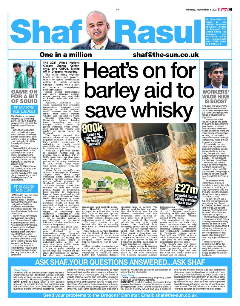 Full newspaper column page featuring climate challenges for whisky, the COP26 summit, living wage updates, Still Game humour, and a tribute to Walter Smith.