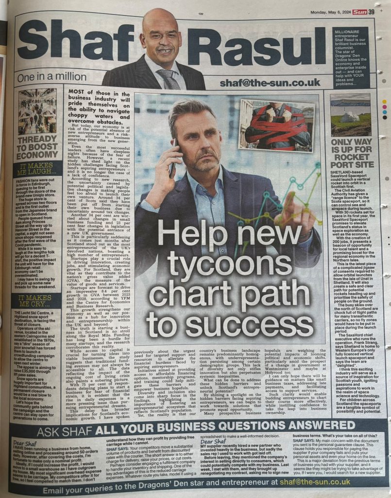 Newspaper column layout including main article on entrepreneurship in Scotland, a sidebar on SaxaVord’s space ambitions, a light piece on Uniqlo’s Edinburgh launch, and a sombre note on a Highland ski centre’s financial crisis.