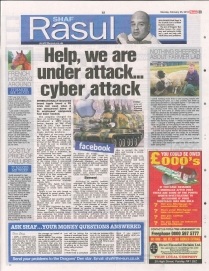 A newspaper scan featuring Shaf Rasul’s column titled “Help, We Are Under Attack… Cyber Attack” with sections on Apple’s security breach, hacking, and best practices for businesses.