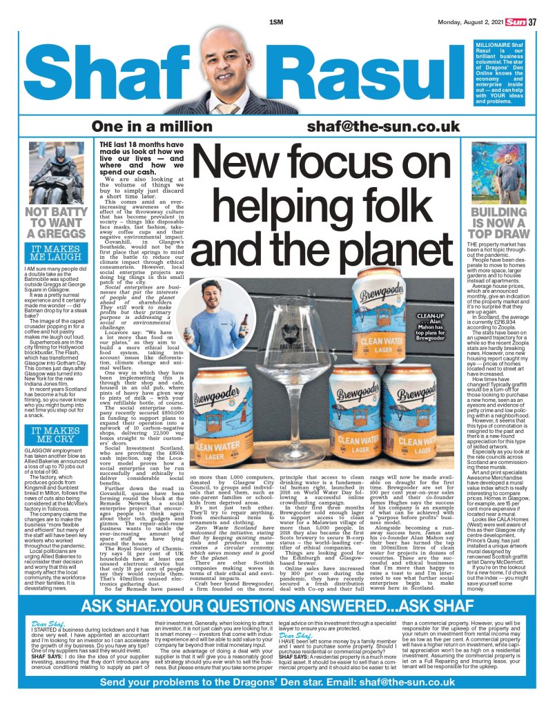 Newspaper page showing Shaf Rasul’s column about ethical consumerism, property trends, superhero sightings in Glasgow, and local job losses.