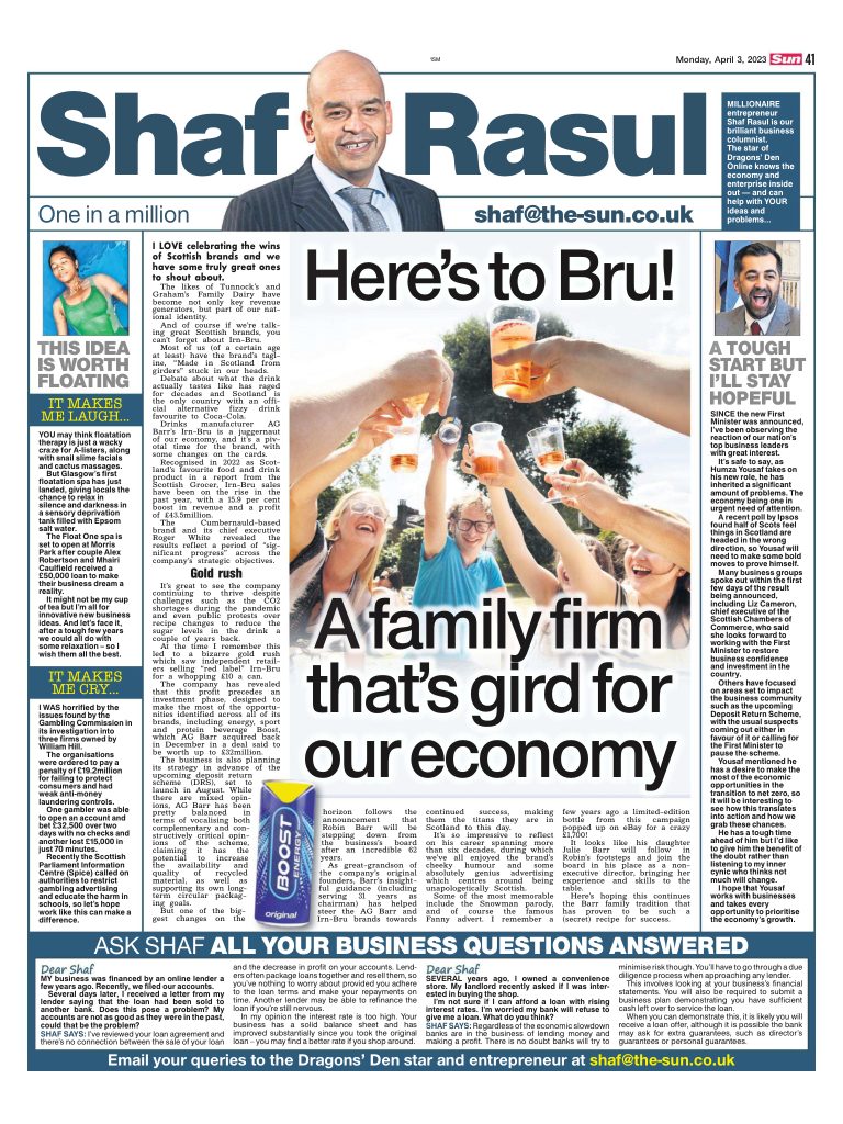 Full-page newspaper column layout featuring commentary on Irn-Bru’s economic impact, Scotland’s new First Minister, a floatation spa opening, and a major gambling fine.