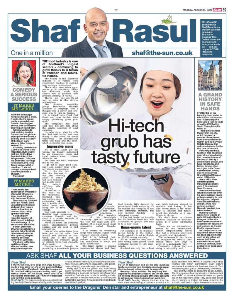 Full newspaper page layout with four sections including food tech innovation, hotel industry updates, comedy spotlight from Edinburgh Fringe, and a report on a business closure.