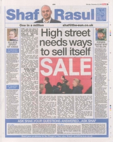 A newspaper column layout featuring the headline “High Street Needs Ways to Sell Itself,” discussing the challenges faced by Scottish retailers in the run-up to Christmas amid economic uncertainty and declining footfall.
